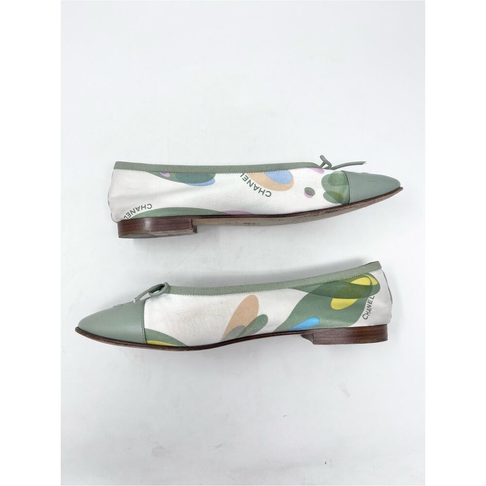 Chanel CC Cap Toe Green Leather Ballet Flat Satin Vintage Karl Lagerfeld size 39 - Picture 4 of 7